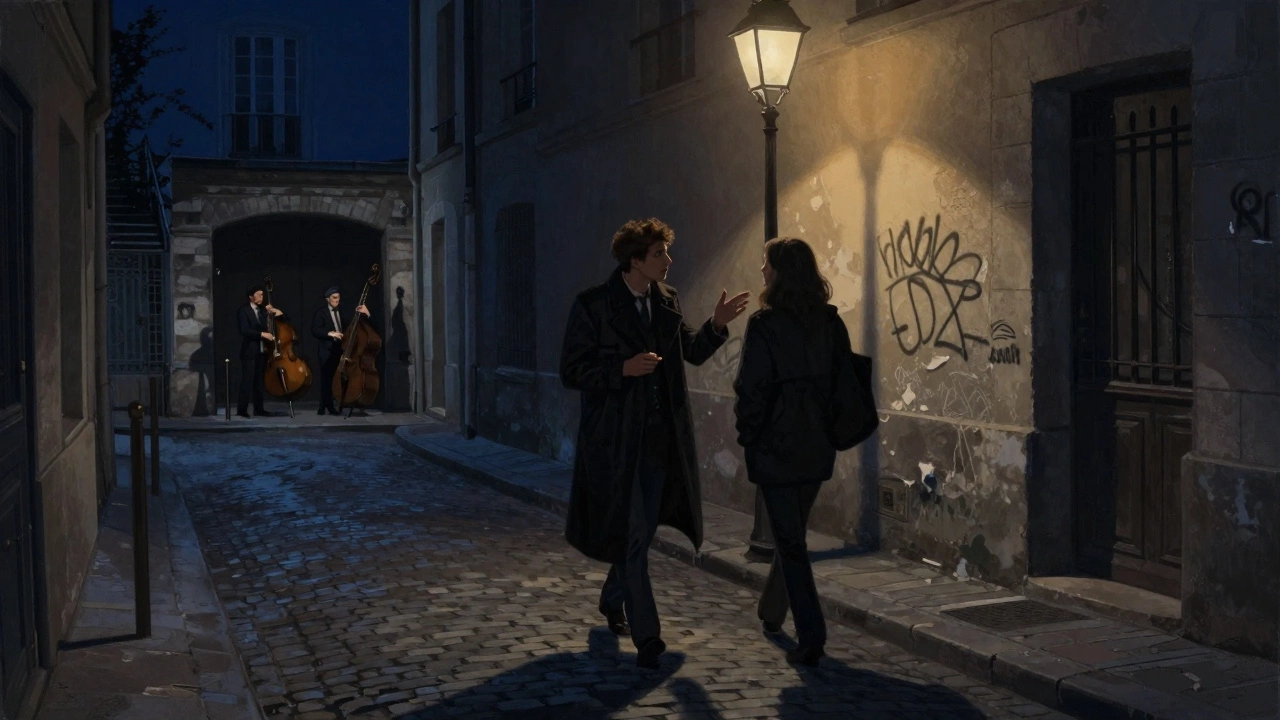 A non-binary companion walking at night in Montmartre, jazz music faintly audible, shadows stretching under streetlamps.