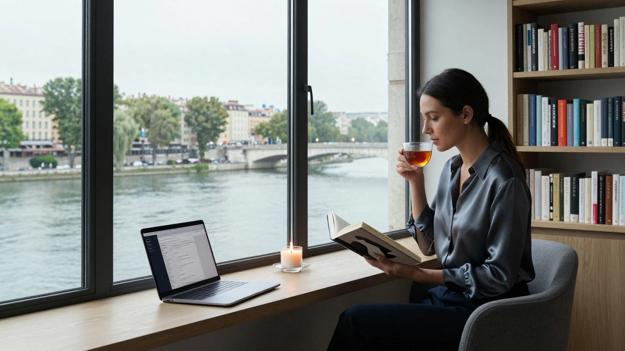 A professional escort in Lyon reading art books in a bright, minimalist apartment with river views.