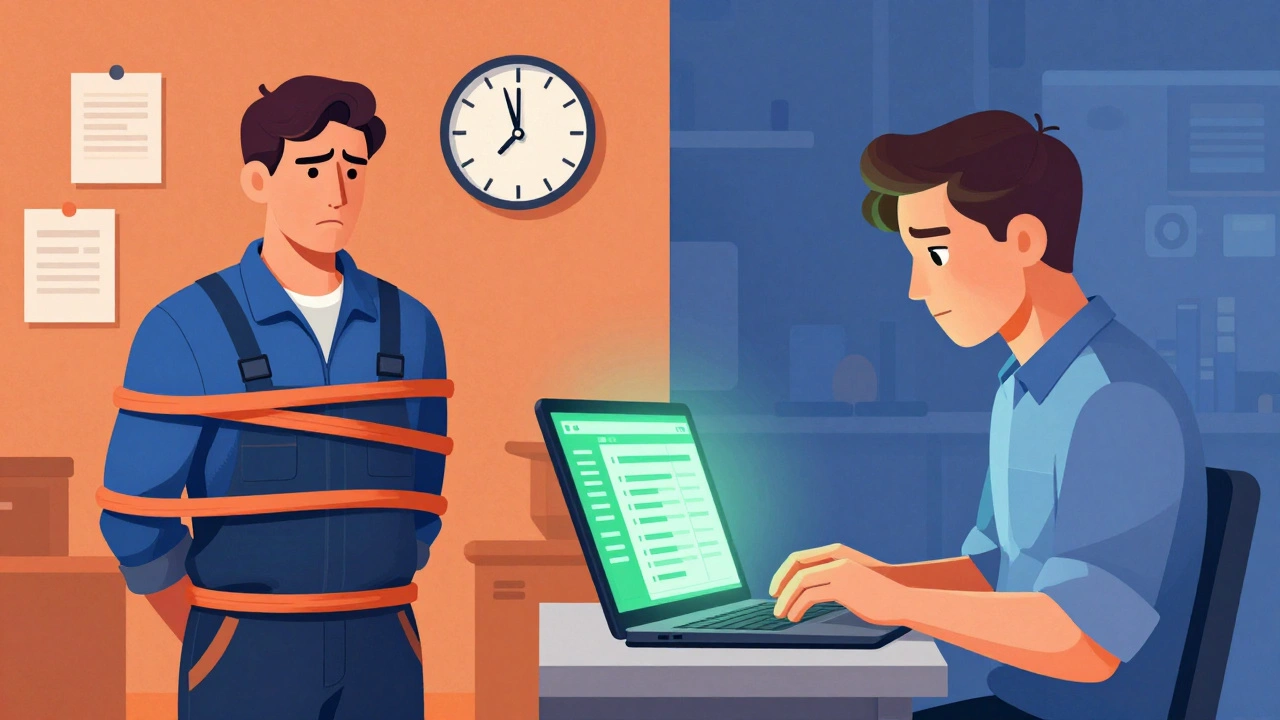 Contrasting Swedish factory worker bound by rules with Estonian tech entrepreneur using digital tools.