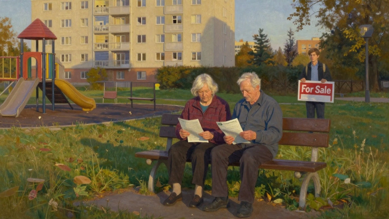 Elderly couple on a park bench beside empty playgrounds and a for-sale apartment sign.